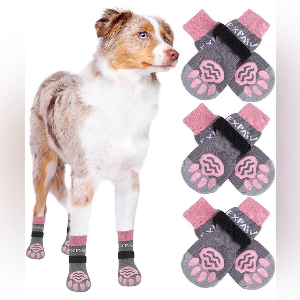 3 Pink Pairs Soft and Breathable Dog Non-Slip Paw Protection, adjustable straps